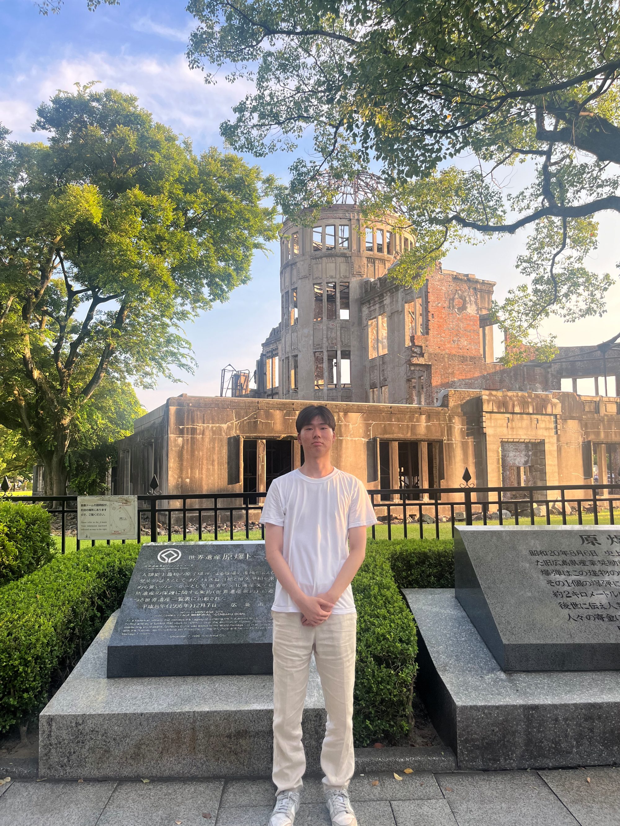 On assignment at the Atomic Bomb Dome in Hiroshima, covering the anniversary of the bombing for LeadersTimes readers in Korea.