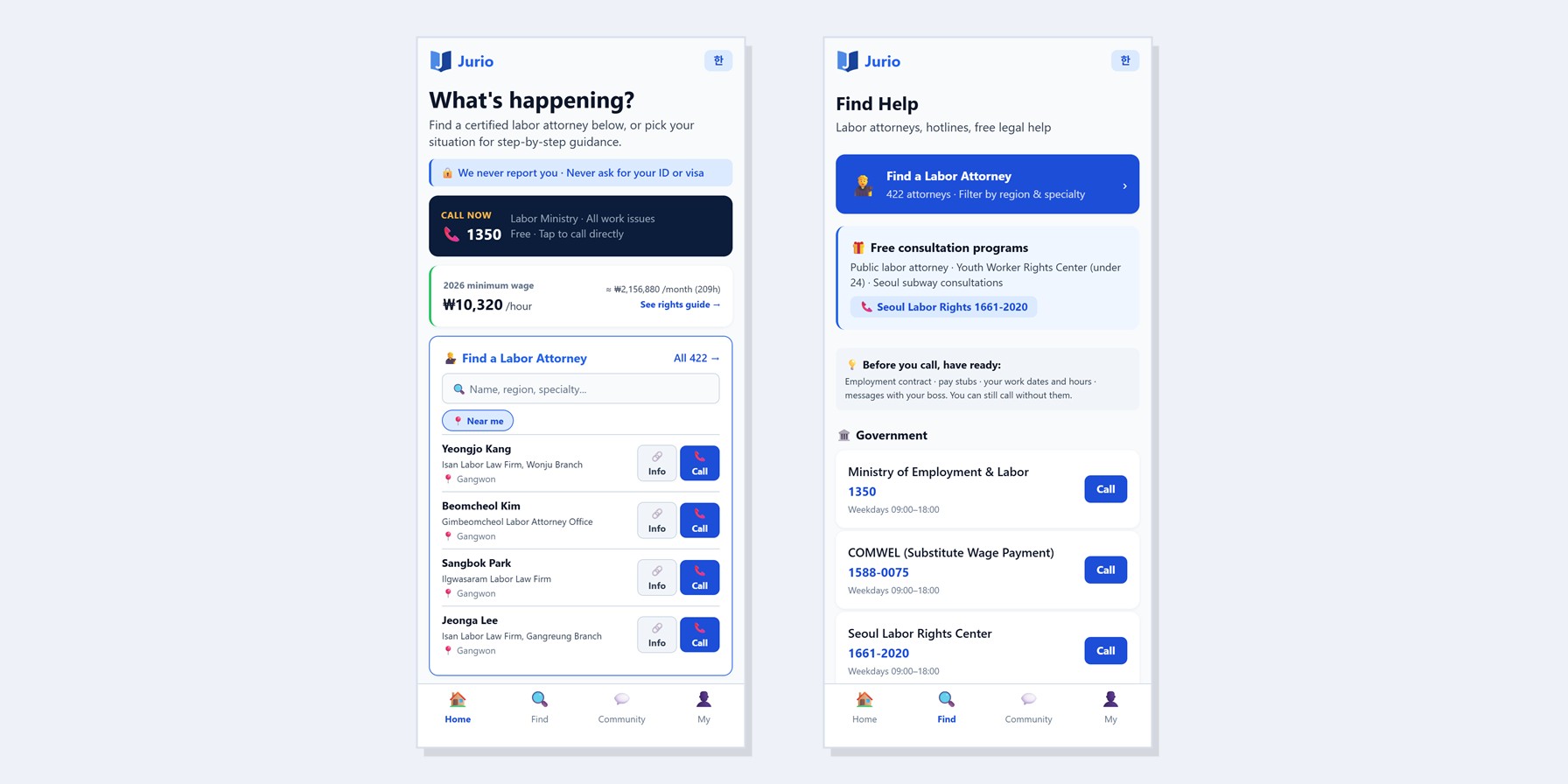 Jurio, in English and Korean: an emergency hotline, the current minimum wage, a directory of certified labor attorneys, and plain-language rights guides, built for the phone in a worker's pocket.